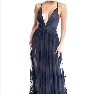 Luxxel Navy Deep V Neck Tulle Mesh Velvet Floral Flowy Maxi Formal Strappy Dress